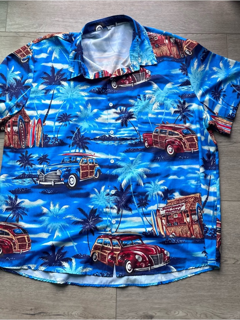 Vintage Style Hawaiian Shirt Tropical Woody Car Print Blue Camp Shirt Men’s 4XL